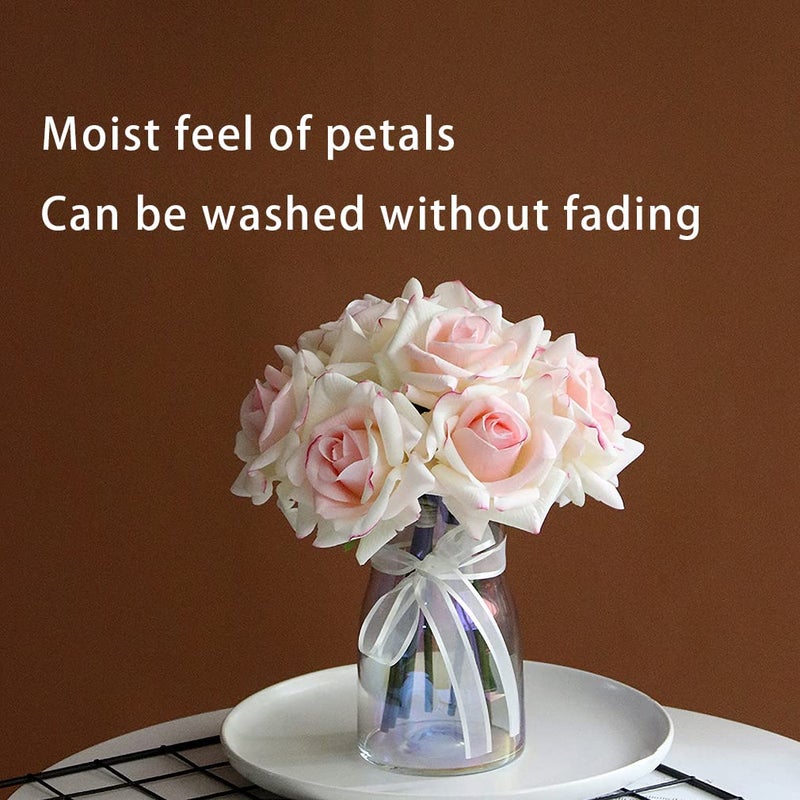 DUYONE Artificial Roses Single Stem 10pcs Fake Silk Flower Arrangement Bouquet Real Touch for Home Party Wedding Decoration(Pink Edge) - Image 2